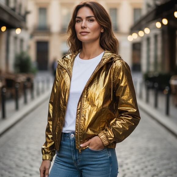 Escada IT36 Small Gold Poly Metallic Zip Up Jacket Crinkle Hooded Designer Lux - Picture 1 of 9